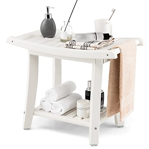 Giantex Shower Bench, Hdpe Waterproof Shower Stool With Storage Shelf, Curved Seat, Non-Slip Foot Pads, 2-Tier Plastic Spa Bath Seat Chair For Seniors Elderly Bathroom Entryway (Creamy White) #TOP16
