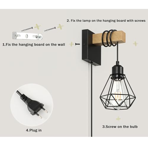 Aplique de pared E27 negro con enchufe interruptor para salones 4