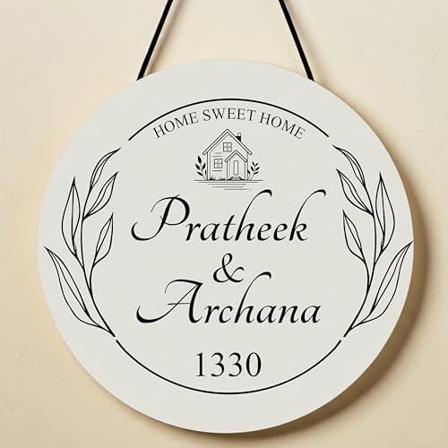 Image of P Arts Personalized Door Name Plate for Home Entrance Round Shaped 10x10 Inch Name plate for home entrance, Door name plates MDF Wood, Black & White (Engraved-03)