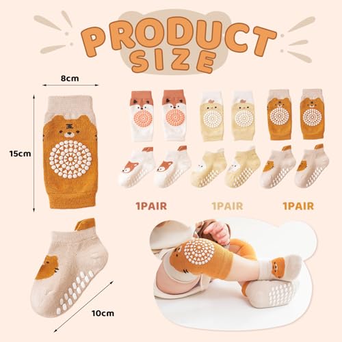 Mezrkuwr 3 Paar Baby Knieschoner und 3 Paar Baby Socken Krabbeln set, Anti Rutsch mit Gummipunkte Krabbelschoner Stulpen Knieschützer für Kleinkinder 0-12 Monate, Niedliche Cartoon-Muster
