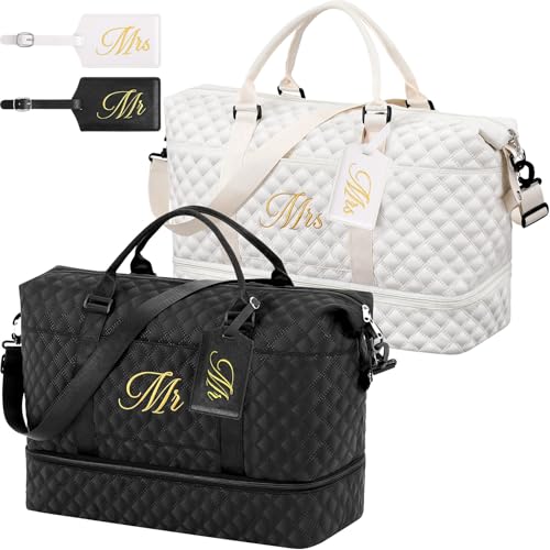 Dansydaisy 4 Pcs Mr and Mrs Duffel Bag with Luggage Tags Hubby and Wifey Bride Groom Honeymoon Weekender Bag for Wedding Gift(Mr and Mrs)