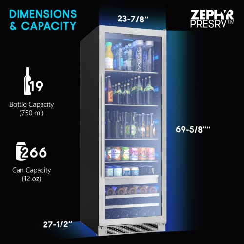 Zephyr Presrv 24" Wine Fridge & Beverage Refrigerator Full Size Single Zone - Wine Cooler Cellars Large Beer Cabinet Drink Chiller Freestanding With French Glass Door - 98 Cans, 168X12Oz, 19X750 Ml Bottles #TOP2