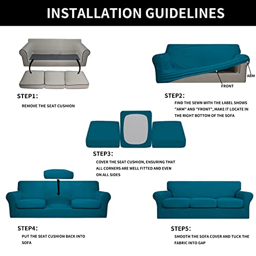 Image of Easy-Going 4 Pieces Stretch Soft Couch Cover for Dogs - Washable Sofa Slipcover for 3 Separate Cushion Couch - Elastic Furniture Protector for Pets, Kids (Sofa, Peacock Blue, Large)