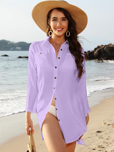 Image of POGTMM Women's Swimsuit Cover Up 3 /4 Sleeve Button Down Shirt Dress