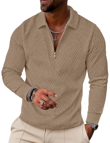 Camiseta Polo Hombre UOUA con Cuello Cuarto de Cierre, Manga Larga, Tela Texturizada para Verano Casual y Negocios miniatura 1