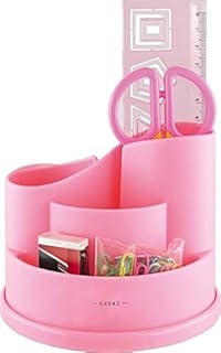 EXERZ Pencil Holder/ Desk Organiser with Stationery - Desk Tidy Pen Organiser - Incl. Safety Scissors (NOT Sharp), Ruler, Eraser, Clips - Pink