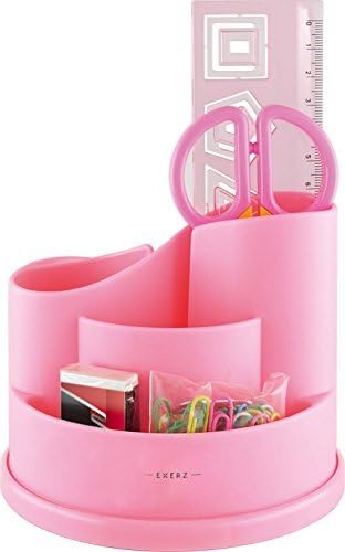 EXERZ Pencil Holder/ Desk Organiser with Stationery - Desk Tidy Pen Organiser - Incl. Safety Scissors (NOT Sharp), Ruler, Eraser, Clips - Pink