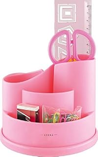 EXERZ Tisch-Organizer/Ablagesystem mit Sicherheitsschere (NICHT scharf), Lineal, Radiergummi, Büroklammern, Bürobedarf INKLUSIVE - Schreibtischset/Stiftehalter/Stifteorganisator (Rosa)