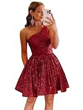 MIQILADUNA Short Homecoming Dress Sequin One Shoulder Sparkly for Teens Mini Cocktail Bride Dress Burgundy 0