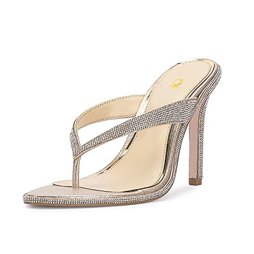 SHODENSE Women Stiletto Heel Thong Sandals Rhinestone Heeled Flip-Flops Open Pointed Toe Sexy 5 Inch Y-Strap Thong heels Glitter Slip On Heeled Slippers Dress Wedding Bridal Evening Heels 4-11 M US