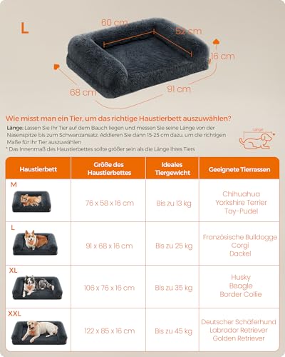 Feandrea FluffyHug Hundebett, Hundekissen Größe L, Hundematte für mittelgroße Hunde, Hundesofa Noppenschaumstoff, Bezug abnehmbar und waschbar, 91 x 68 x 16 cm, dunkelgrau PGW232G02V1