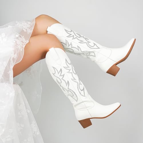 Image of STALOV Cowboy Boots for Women Pull On Chunky Heel Boots Knee High Cowgirl Boots Western Pointed Toe Boots Embroidered Suede Boots