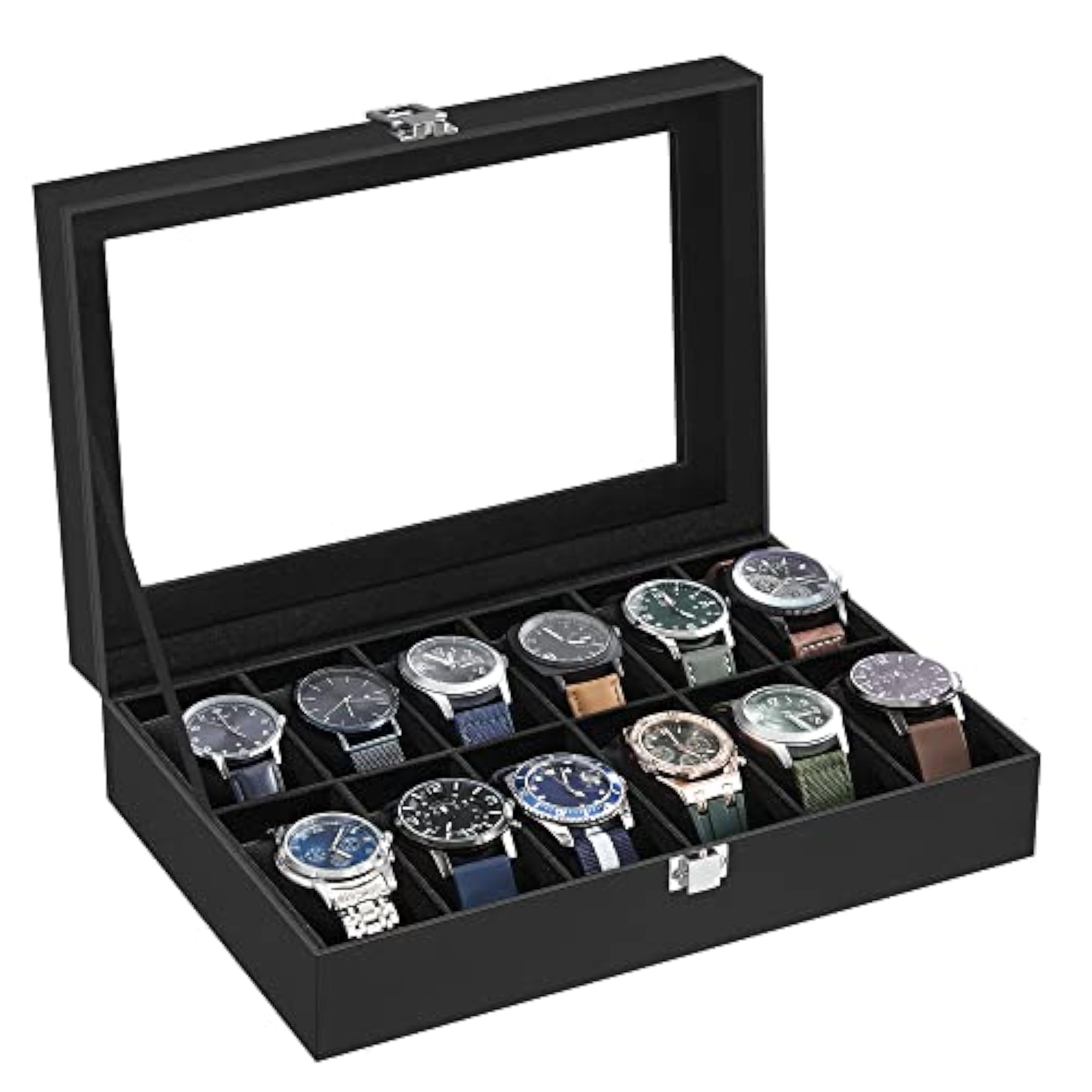 SONGMICS Caja de Relojes con 12 Compartimentos, San Valentin, Estuche de Relojes con Tapa de Cristal, Cojín Extraíble, Cierre Metálico, Idea de Regalo, Cuero Sintético Negro y Forro Negro JWB12B