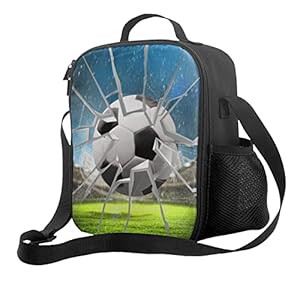 Football Lunch Bag Insulated – Soccer Lunch Box for Boys Girls, Reusable Portable Waterproof Lunch Bags with Adjustable Shoulder Strap and Side Pocket