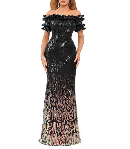 Image of dasmzper Women Sexy Sequin Off Shoulder Ruffle Short Sleeve Bodycon Mermaid Party Formal Evening Maxi Dress
