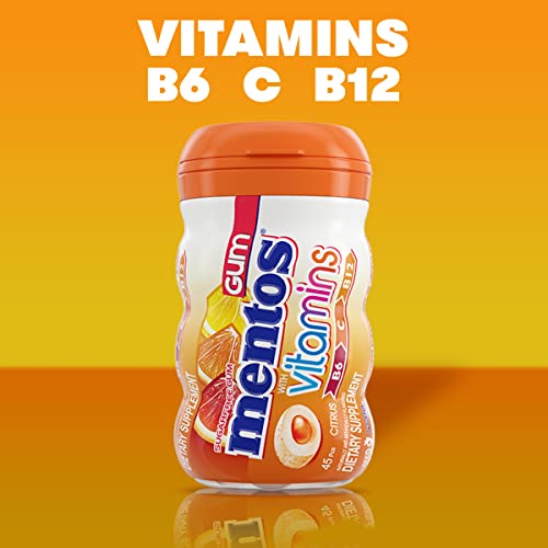 Image of Mentos Gum with Vitamins, Sugar Free Chewing Gum with Xylitol, Citrus Flavor, Vitamins B6, B12 and C, Bottle of 45 (Bulk Pack of 4)
