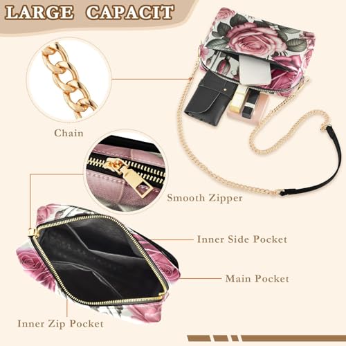 susiyo Crossbody Bag for Women Pink Color Rose Flowers PU Leather Shoulder Purses Womens Chain Bag4