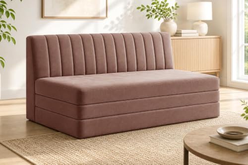 Image of Three-Seater Foldable Sofa Bed with, Modern Velvet Fabric Folding Couch for Living Room, Guest Room & Small Spaces-Brown