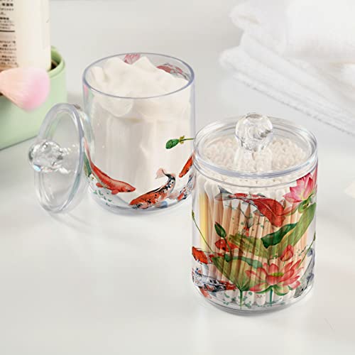 MNSRUU 2 Pack Qtip Holder Organizer Dispenser Watercolor Koi and Lotus Bathroom Storage Canister Cotton Ball Holder Bathroom Containers for Cotton Swabs/Pads/Floss
