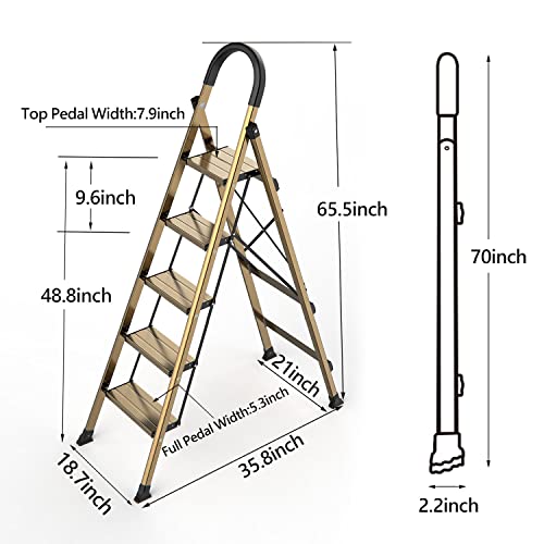 5 Step Ladder, Folding Step Stool, Lightweight Aluminum Foldable Ladder With Anti-Slip Wide Sturdy Pedal And Handgrip, Multi-Use For Home, Library, Office, Garage - Brown Gold (330 Lbs Capacity) #TOP5