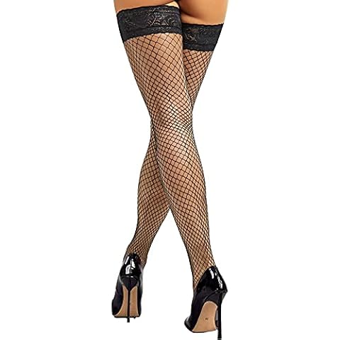 Seam Back Fishnet Thigh High Stockings Silicone Lace Top Lingerie Stay Up Sheer Nylon Hosiery (1 Pair,Black, Large/X-Large) Cover