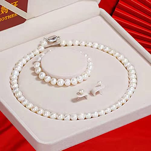 Colar de pérolas naturais de 7 a 8 mm em forma de água doce, pulseira e brinco, com um comprimento d
