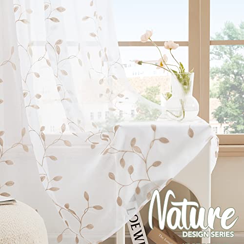 Deconovo Sheer Curtains Extra Long 108 Inches Long 2 Panels, Floral Beige Leaves Embroidered White Sheer Window Drapes For Sliding Glass Door Half Windows, 52X108 Inch, Beige #TOP4