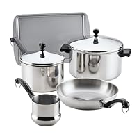 Farberware Classic Series Stainless Steel Pots and Pans with Baking Sheet Pan, Cooking Tools, and Lids, Induction Ready, Dishwasher Safe, 10 Piece Cookware Set, Metal Utensil Safe - Stainless Steel