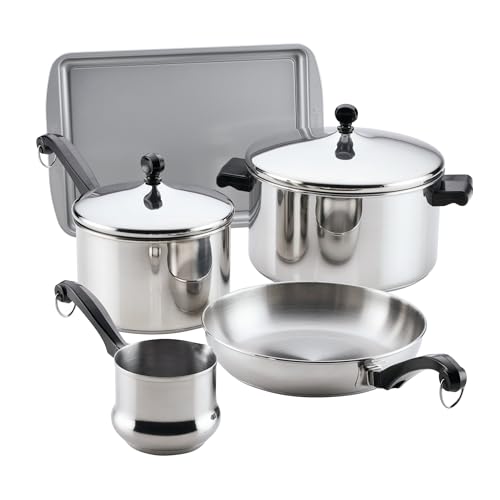 Image of Farberware Classic Series Stainless Steel Pots and Pans with Baking Sheet Pan, Cooking Tools, and Lids, Induction Ready, Dishwasher Safe, 10 Piece Cookware Set, Metal Utensil Safe - Stainless Steel
