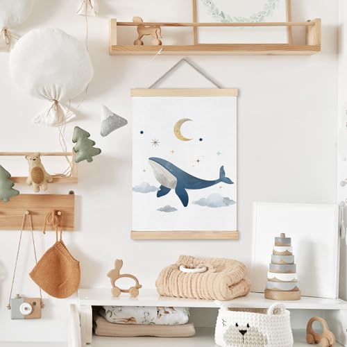 Image of PQKIY Whimsical Whale Ocean Nursery Wall Art Poster Hanger Frame 12x16 in, Fantasy Celestial Ocean Animal Wall Decor Canvas Prints for Nursery Toddler Boys Kids Room Bedroom Playroom