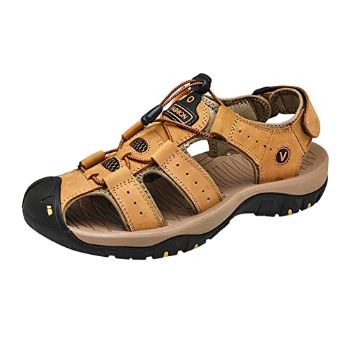 Sandalias de piel para hombre con plantilla para hombre, con estampado natural, sandalias de senderismo, sandalias de trabajo, sandalias de trekking cerradas, cómodas, ortopédicas descalzas, 01