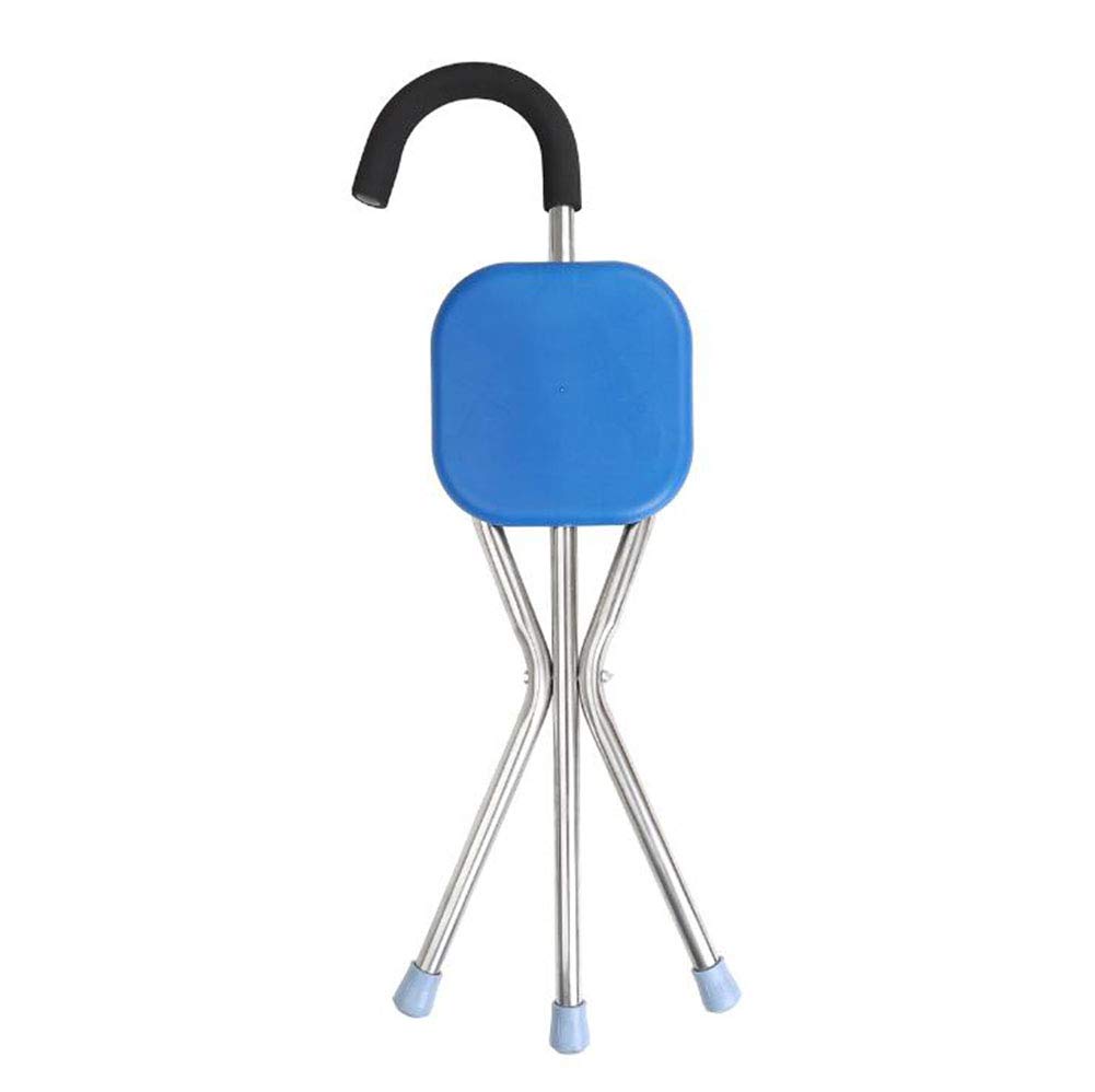 Silla de bastón para personas mayores, bastón auxiliar con asiento, con luz LED, plegable, regulable en altura, adecuada para que las personas mayores viajen, esperando en la fila para descansar (az