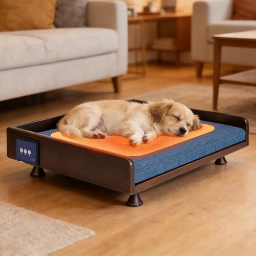 Smart Pet Bed with Powerful Downward Ventilation & Heating, Solid Wood Frame, Touch Control, 3-Speed Warmth & Cooling, Removable Heating Pad, 3-Color Ambient Light, All-Season Comfort for Cats & Dogs