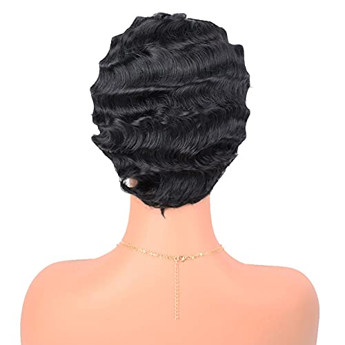 G&T Wig Finger Wave Wig Glueless Wear And Go Wig Short Syntheyic Curly Wigs For Black Women Nuna Wig 1920S Cosplay Costume Halloween Party Daily Use (1B) #TOP4