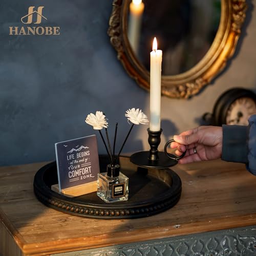 Hanobe Deko Tablett Holztablett Rund: Dekotablett Serviertablett Holz mit Perlen Rand Modern Tabletts Boho Serviertabletts Rundes Kerzen Holztabletts für Küche Tisch Schwarz