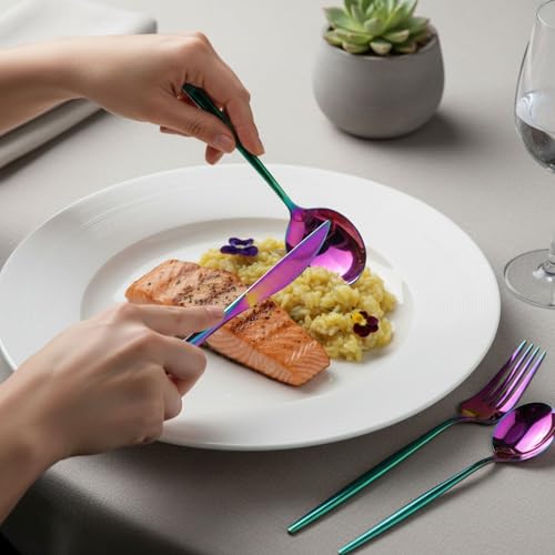 Image of 5 Pcs Rainbow Cutlery Set for Dining Table the Perfect Lightweight Silim Handle Tableware Including Dinner Spoon, Dinner Fork, Dinner Knife, Dessert Spoon & Dessert Fork