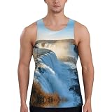 Material de poliéster: hechas de poliéster, estas camisetas sin mangas para hombre con estampado de cascada de Islandia con estampado de puesta de sol ofrecen una experiencia ligera, de secado rápido y transpirable, manteniéndote fresco y seco en climas cálidos.