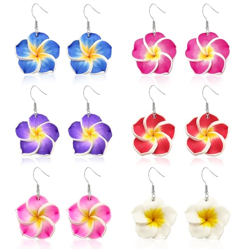 DIELOVEHUA 6 Paires Boucles d'oreilles Hawaïennes, Boucles d'oreilles Fleurs de Plumeria, Hypoallergénique, pour Hawaiian Luau Plage de Mariage Vacances,...