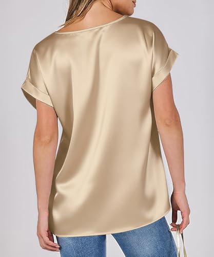 ABINGOO Chemisier Femme en Satin Col V Blouse Manches Courtes Boutonnée Couleur Unie Ample Soirée Élégant Top(Champagne,XL) – vue 4