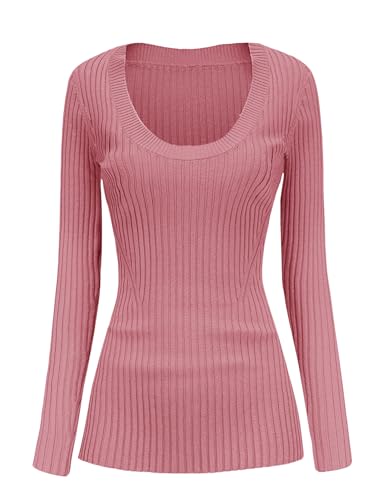 v28 Women Scoop Neck U-Neck Knit Long Sleeve Slim Fit Ribbed Sweater Tops (S, Morandi Pink)