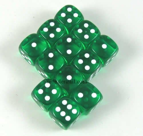Green Translucent Dice White Pips D6 12mm Pack of 12 Wondertrail WCX23805E12