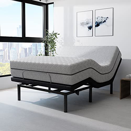 Blissful Nights e4 Queen Adjustable Bed Base Frame with 14" Soft Gel Infused Memory Foam Mattress