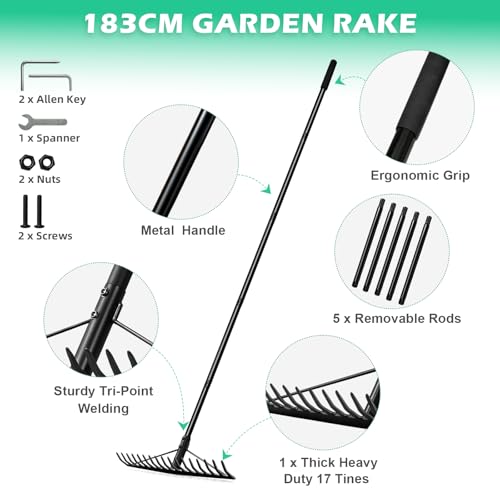 Ezkamfort 183cm Heavy Duty Garden Rake with Stainless Steel Handle - Image 3