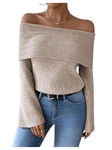 MakeMeChic Women's Off The Shoulder Sweater Bell Sleeve Rib Knitted Pullover Tops