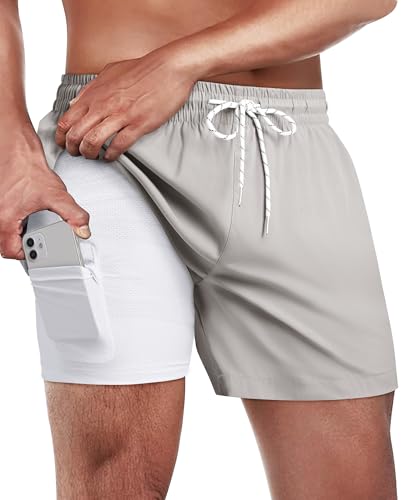 Image of Gleeease 5inch Mens Swim Trunks: 2 in 1 with Compression Liner Lined Soft Stretch Quick Dry Solid Pockets Drawstring Beach
