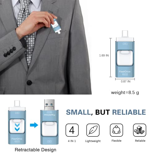 Flash Drive For Iphone 256Gb, 4 In 1 Usb Type C Memory Stick, Photo Stick External Storage Thumb Drive For Iphone Ipad Android Computer, Sky Blue #TOP7