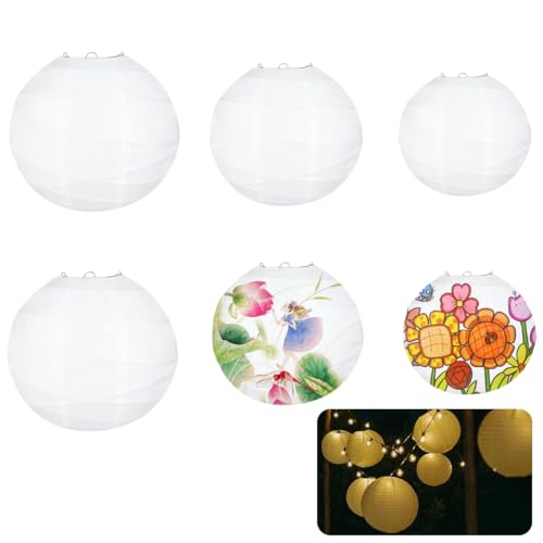 ZHITENG 6 Pezzi Lanterna di Carta, Bianco Cinesi Lanterne Rotonde da Appendere Lampadario di Carta Pieghevoli Riutilizzabile, per Decorazioni Festa Compleanno Matrimonio Natale (10/15/20 CM)