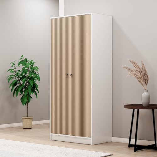 Image of Bniture Luxe 2 Door Wooden Wardrobe for Bedroom with Shelf & Lockable Drawer | Engineered Wood Almirah for Clothes with 3D Textured Panels | Dual Tone Cupboard for Bedroom | Frosty White & Giant Wood