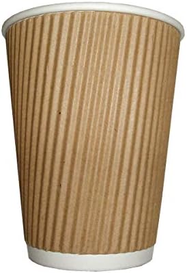 100 x Kraft 12 Ounce Ripple 3 Ply Disposable Insulated Paper Cups For Tea Coffee Cappuccino Hot Drinks