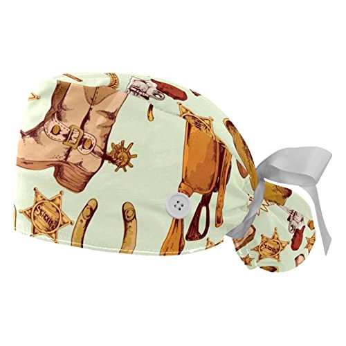 IROLSKDNFH Adjustable Working Caps with Buttons for Women Wild West Cowboy Pattern Surgical Nurse Hats 105 Pack